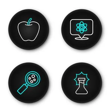 Set line Explosion in the flask, Microorganisms under magnifier, Atom and A.. Stock Illustration