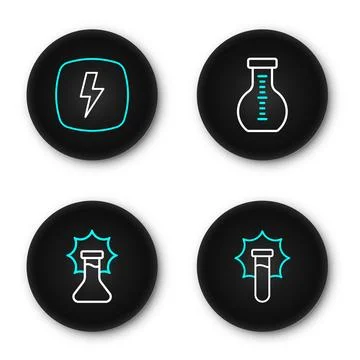 Set line Explosion in the flask, Test tube and Lightning bolt icon. Vector Illustrazione stock