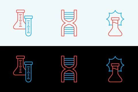 Set line Explosion in the flask, Test tube and DNA symbol icon. Vector Stock Illustration