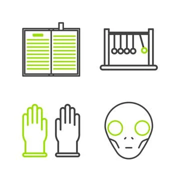 Set line Extraterrestrial alien face, Rubber gloves, Pendulum and Open science Stock Illustration