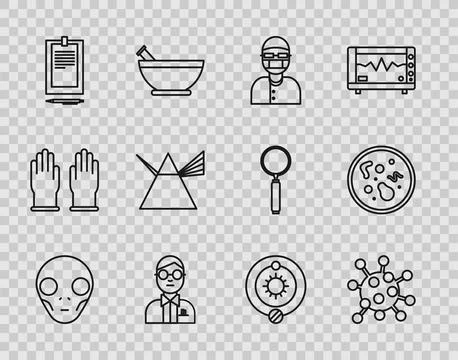 Set line Extraterrestrial alien face, Bacteria, Assistant, Scientist, Clipb.. Stock Illustration