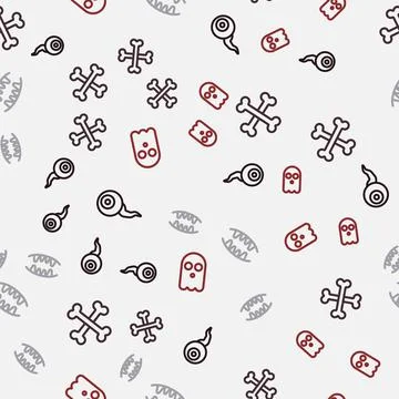 Set line Eye, Crossed bones, Vampire teeth and Ghost on seamless pattern. Vector Stock Illustration