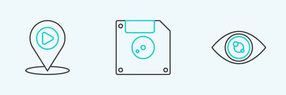 Set line Eye, Digital media play with location and Floppy disk for computer data Illustrazione stock