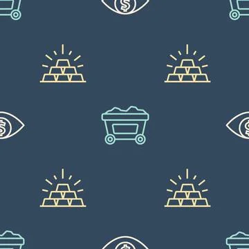 Set line Eye with dollar, Gold bars and Mine cart gold on seamless pattern Stock Illustration