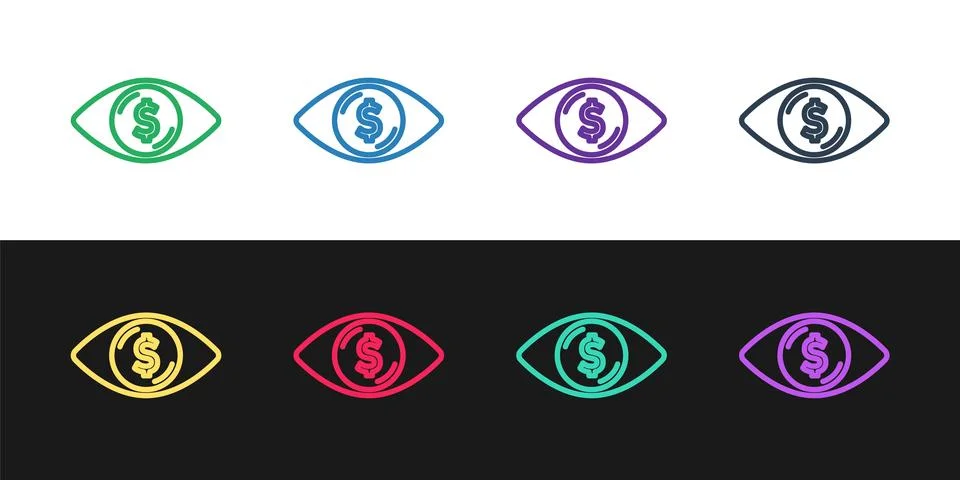 Set line Eye with dollar icon isolated on black and white background.  Vector Stock Illustration