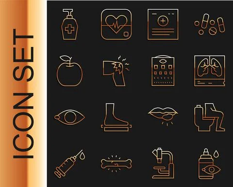 Set line Eye drop bottle, Constipation, Lungs x-ray, Clinical record, Joint pain イラスト素材