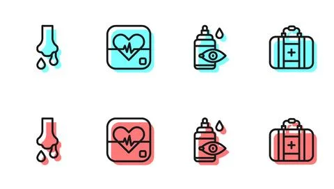 Set line Eye drop bottle, Runny nose, Heart rate and First aid kit icon. Vect Stock Illustration