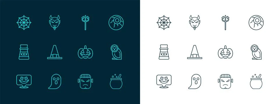 Set line Eye, Ghost, Pumpkin, Frankenstein face, Witch hat, Trident devil, .. Stock Illustration