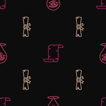 Set line Eye of Horus, Papyrus scroll and on seamless pattern. Vector Stock Illustration