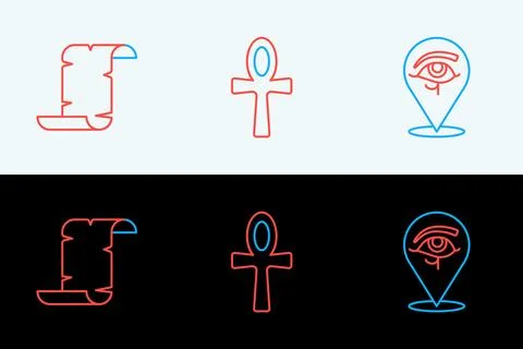 Set line Eye of Horus, Papyrus scroll and Cross ankh icon. Vector Stock Illustration