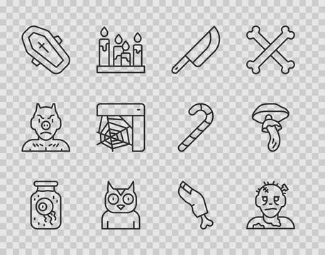 Set line Eye in a jar, Zombie mask, Knife, Owl bird, Coffin with cross, Spider Stock Illustration