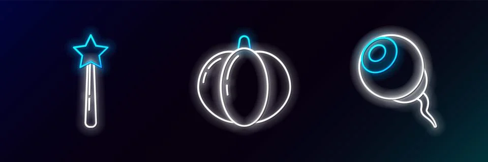 Set line Eye, Magic wand and Pumpkin icon. Glowing neon. Vector Stock Illustration