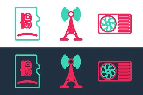 Set line Eye, Micro SD memory card and Antenna icon. Vector イラスト素材