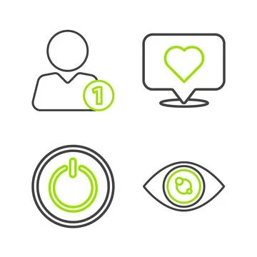 Set line Eye, Power button, Like and heart and Add friend icon. Vector Illustrazione stock