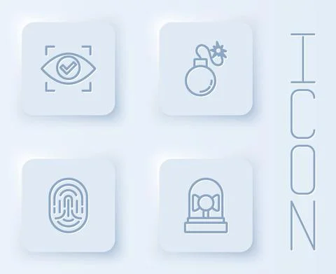 Set line Eye scan, Bomb, Fingerprint and Ringing alarm bell. White square button Stock Illustration
