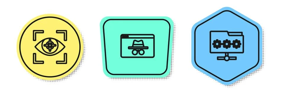 Set line Eye scan, Browser incognito window and Folder with password. Colored Stock Illustration