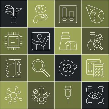 Set line Eye scan, Calculator, Test tube, Graph chart infographic, Processor CPU Stock Illustration