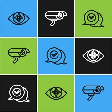 Set line Eye scan, Check mark in speech bubble and Security camera icon. Vect Stock Illustration