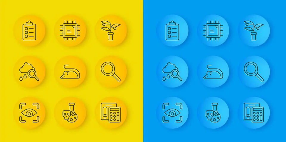 Set line Eye scan, Cloud with rain, Experimental mouse, Calculator, Magnifying Stock Illustration