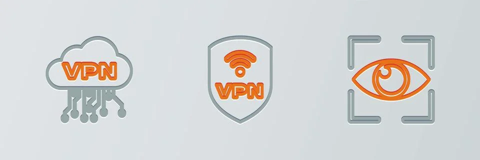 Set line Eye scan, Cloud VPN interface and Shield with wireless icon. Vector 스톡 일러스트