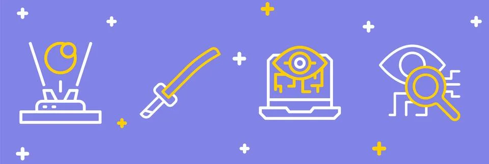 Set line Eye scan, Computer vision, Katana and Hologram icon. Vector 스톡 일러스트
