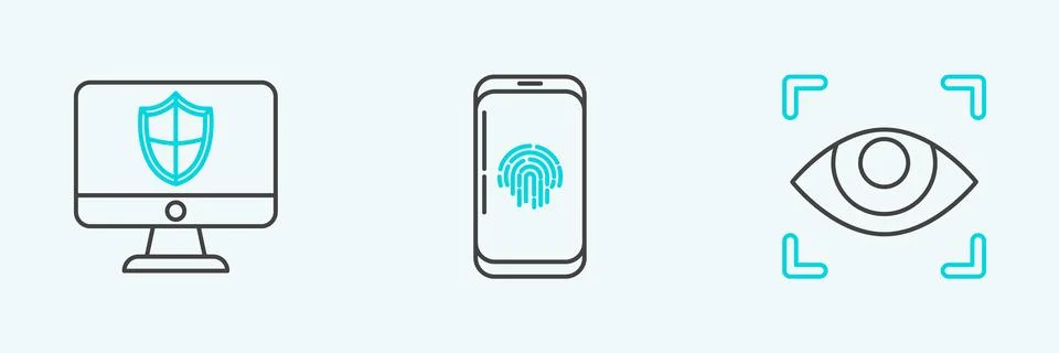 Set line Eye scan Computer monitor and shield and Smartphone with fingerprint Stock Illustration