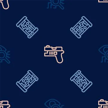 Set line Eye scan, Cryogenic capsules and Futuristic weapon on seamless pattern Stock Illustration