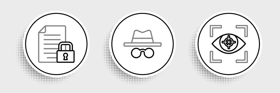 Set line Eye scan, Document and lock and Incognito mode icon. Vector Stock Illustration