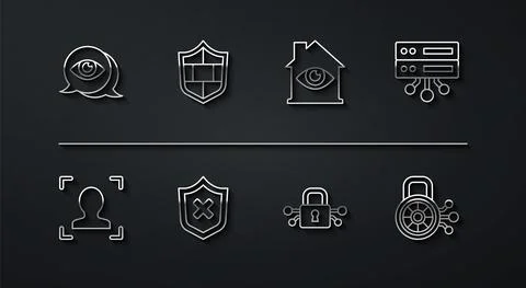 Set line Eye scan, Face recognition, Server, Data, Web Hosting, Cyber security Stock Illustration