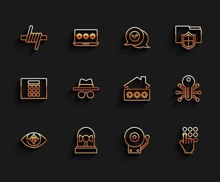 Set line Eye scan, Flasher siren, Barbed wire, Ringing alarm bell, Password.. Stock Illustration