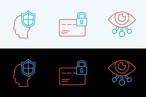 Set line Eye scan, Head with shield and Credit card lock icon. Vector Stock Illustration