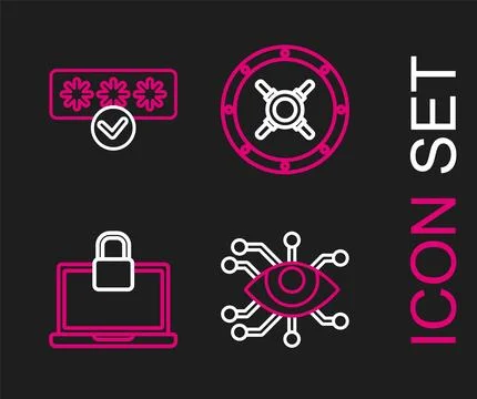 Set line Eye scan, Laptop and lock, Safe and Password protection safety access Stock Illustration