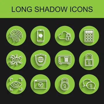 Set line Eye scan, Secure your site with HTTPS, SSL, Fingerprint, Lock Ilustração Stock