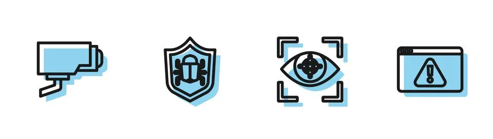 Set line Eye scan, Security camera, System bug and Browser with exclamation mark Stock Illustration