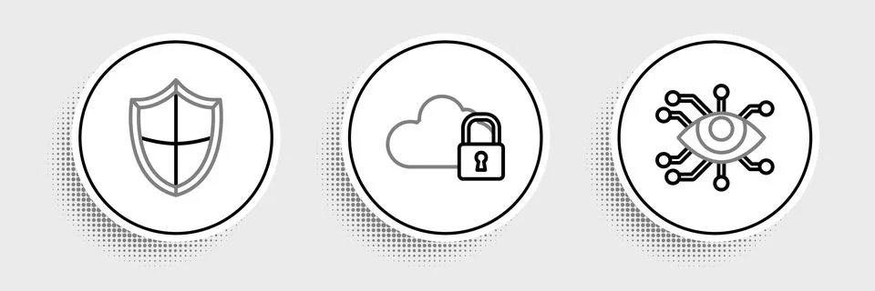 Set line Eye scan, Shield and Cloud computing lock icon. Vector Stock Illustration