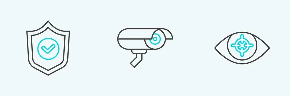 Set line Eye scan, Shield with check mark and Security camera icon. Vector Stock Illustration