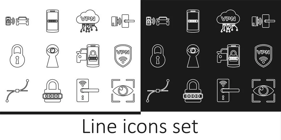 Set line Eye scan, Shield with VPN wireless, Cloud interface, Keyhole eye, Lock Stock Illustration