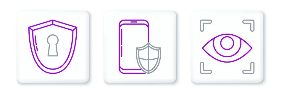 Set line Eye scan Shield with keyhole and Smartphone security shield icon. Ve Ilustración de archivo