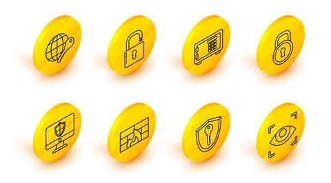 Set line Eye scan, Shield with key, Firewall, security wall, Computer monit.. Illustrazione stock