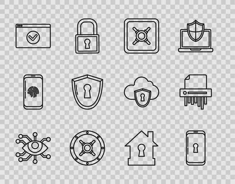 Set line Eye scan, Smartphone with lock, Safe, Secure your site HTTPS, SSL イラスト素材