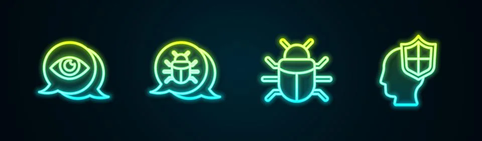 Set line Eye scan, System bug, and Head with shield. Glowing neon icon. Vector Stock-Illustration