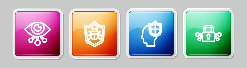 Set line Eye scan, System bug, Head with shield and Cyber security. Colorful 스톡 일러스트