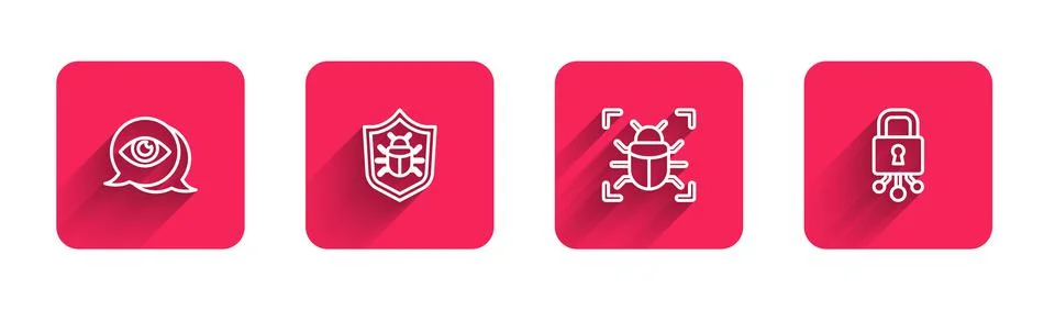 Set line Eye scan, System bug, and Cyber security with long shadow. Red square Stock-Illustration
