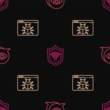 Set line Eye scan, System bug and Shield with WiFi wireless on seamless pattern Stock-Illustration