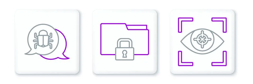 Set line Eye scan, System bug and Folder and lock icon. Vector Stock Illustration
