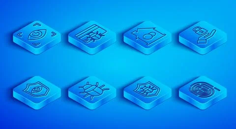 Set line Eye scan System bug in credit card Smart home Lock hand Shield eye a Illustrazione stock