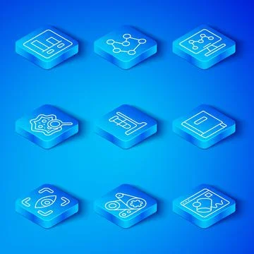 Set line Eye scan, Test tube flask on stand, Timing belt kit, Science book Stock Illustration