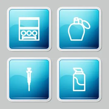 Set line Eye shadow palette, Perfume, Syringe and Cream cosmetic tube icon. V Stock Illustration