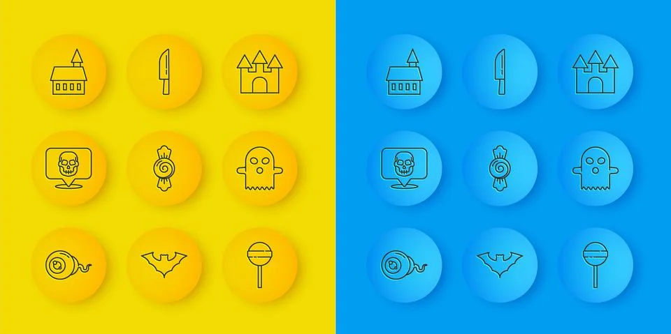 Set line Eye, Skull, Candy, Lollipop, Ghost, Castle, and Knife icon. Vector Illustrazione stock