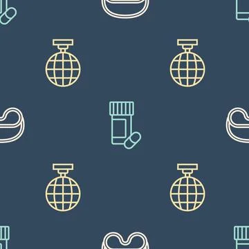 Set line Eye sleep mask, Disco ball and Medicine bottle and pills on seamless Stock Illustration